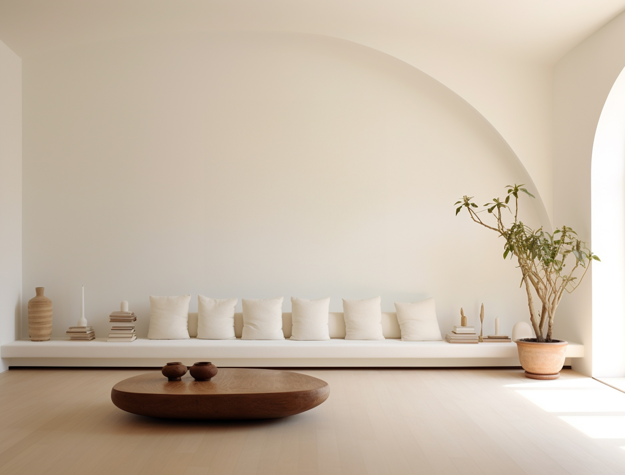 Interior minimalista con cojines blancos y mesa de madera organica